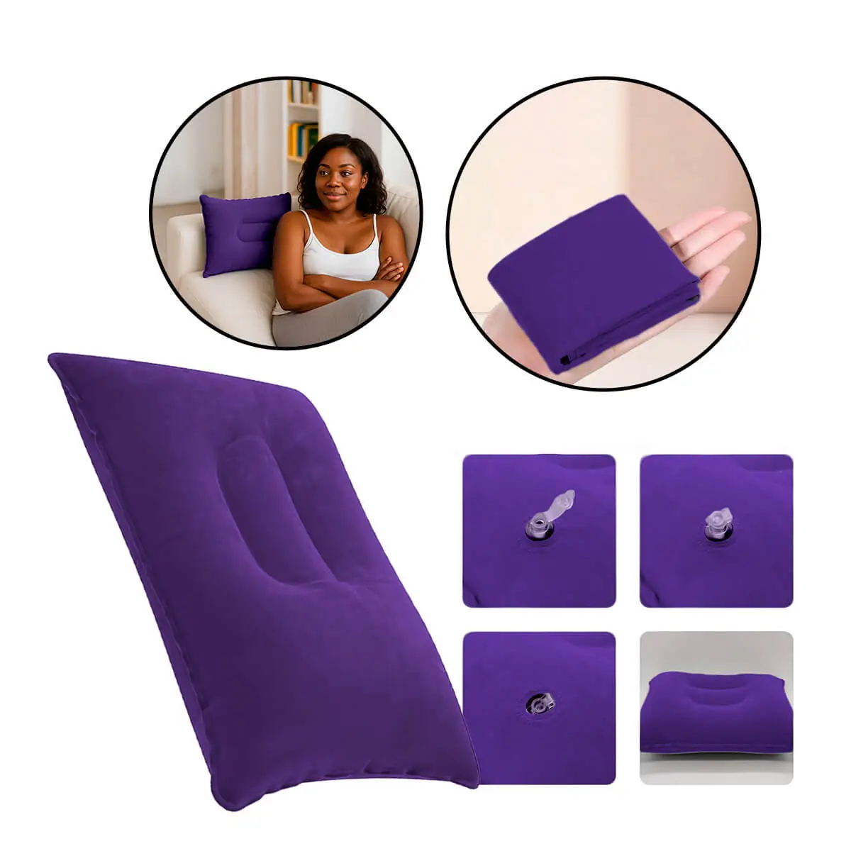 Travesseiro Almofada Inflável Aveludado Pvc Viangens Camping - Roxo