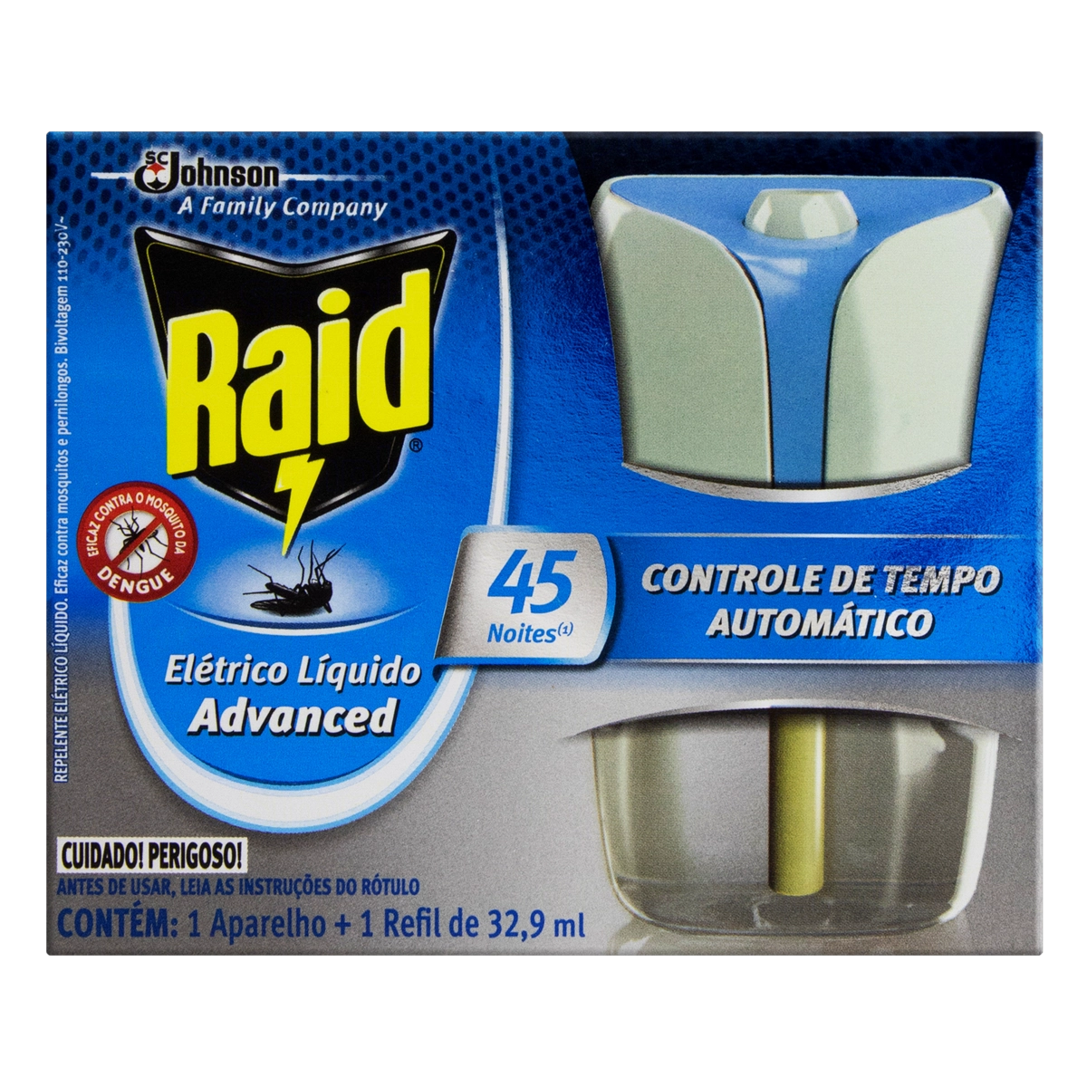 Kit Aparelho Elétrico Refil Repelente Líquido 45 Noites Raid Advanced 32,9ml