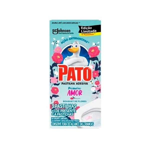 Detergente Sanitário Pastilha Adesiva Bouquet de Flores Pato Primeiro Amor 4 Unidades Grátis 1 Pasti