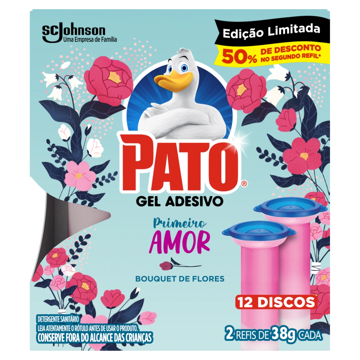 Detergente Sanitário Gel Adesivo Bouquet de Flores Pato Primeiro Amor 38g Cada 2 Unidades Grátis 50%