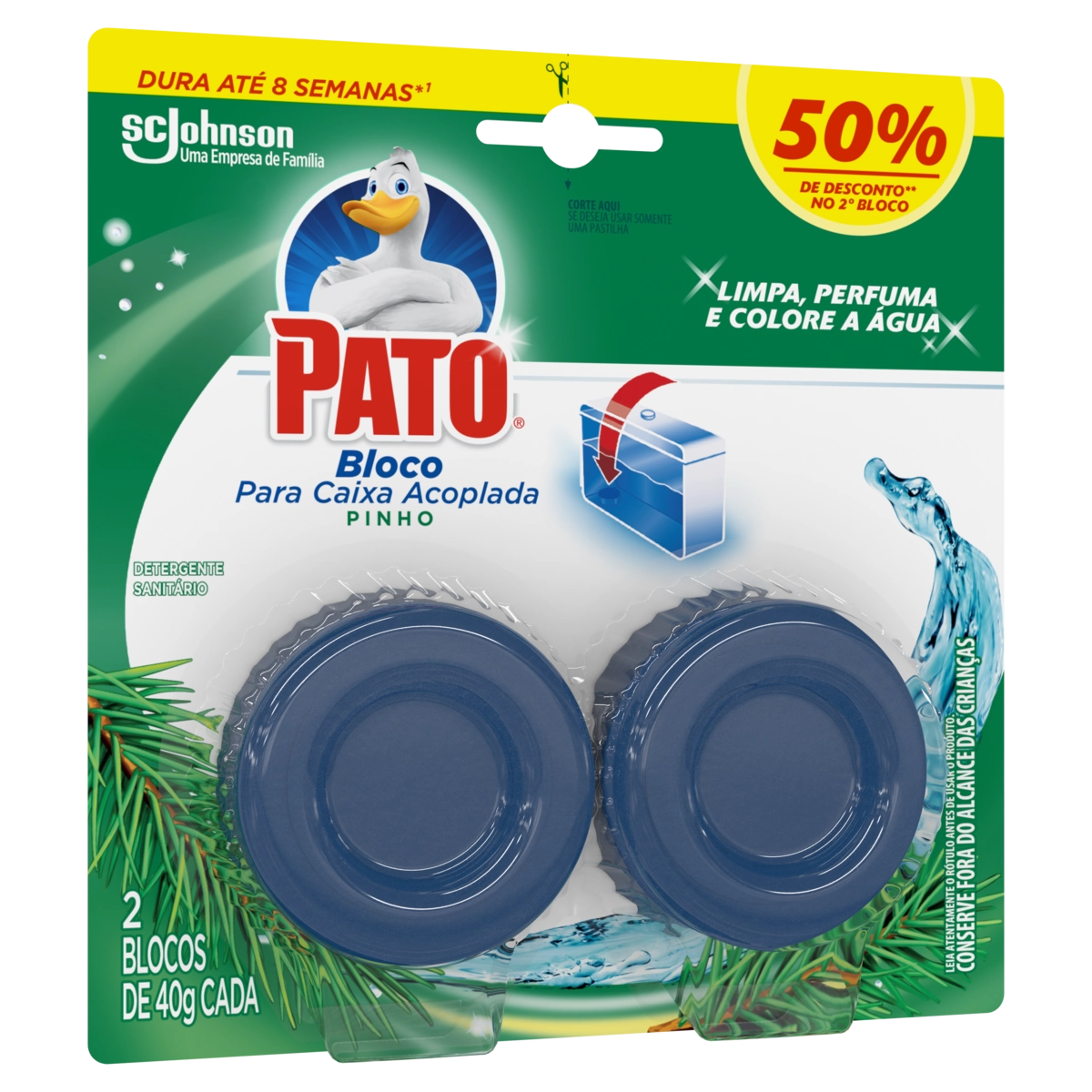 Detergente Sanitário Bloco para Caixa Acoplada Pinho Pato 2 Unidades 40g Cada Grátis 50% de Desconto