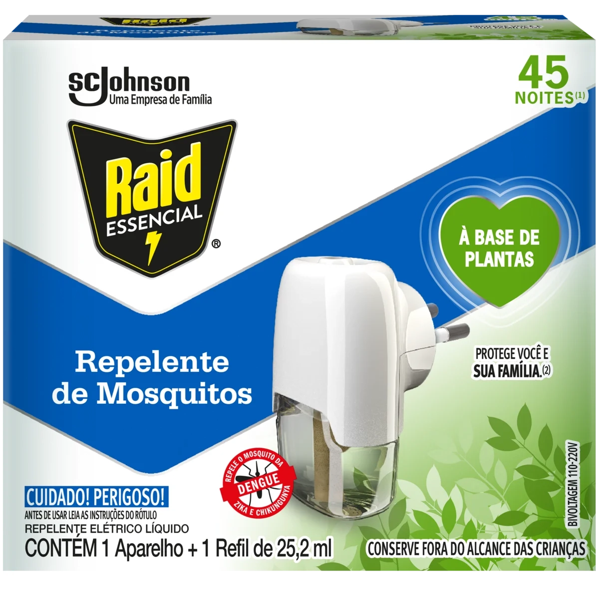Kit Aparelho Elétrico + Refil Repelente Líquido 45 Noites à Base de Plantas Raid Essencial 25,2ml