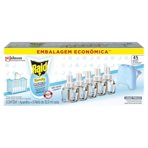 Kit 1 Aparelho 5 Refis Repelentes Elétricos 45 Noites Sem Perfume Raid Family 32,9ml Cada Embalagem