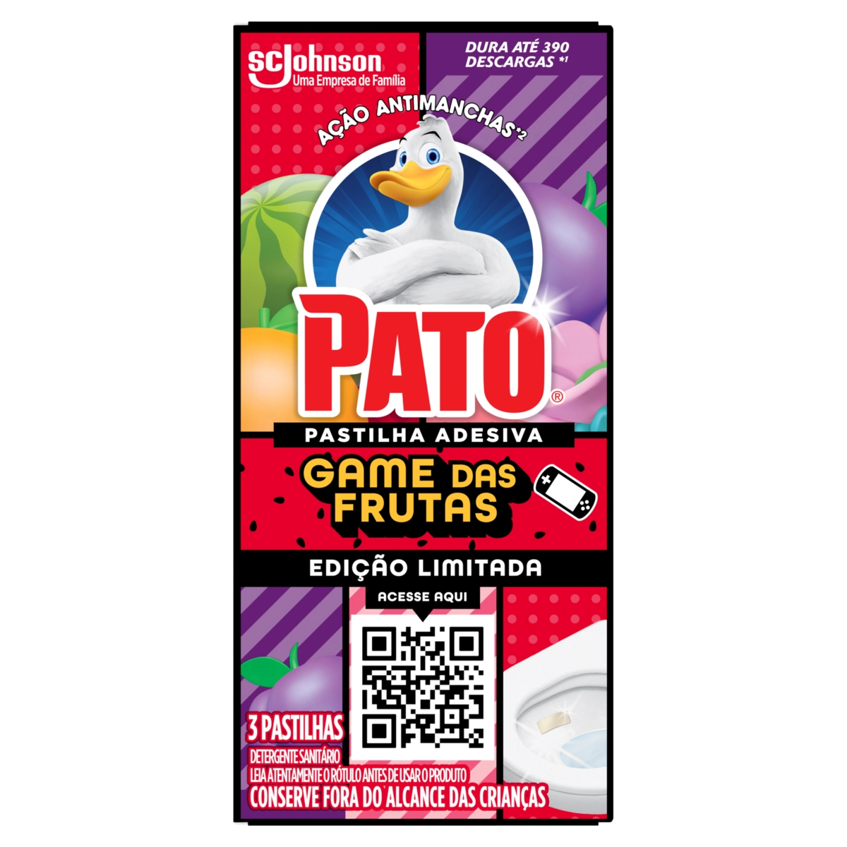 Detergente Sanitário Pastilha Adesiva Game das Frutas Pato 3 Unidades