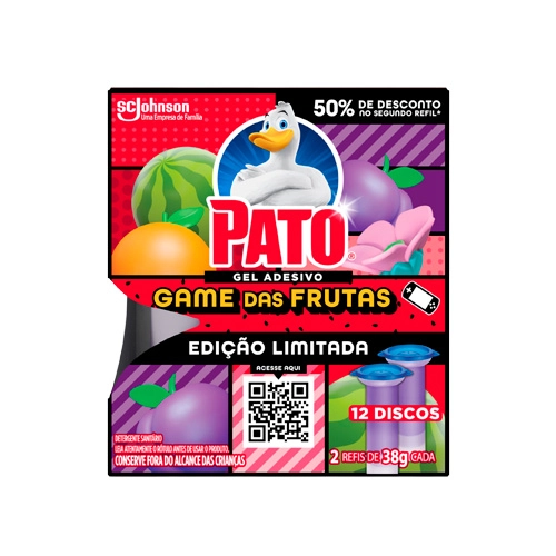 Detergente Sanitário Gel Adesivo Game das Frutas Pato 2 Unidades 38g Cada Grátis 50% de Desconto no