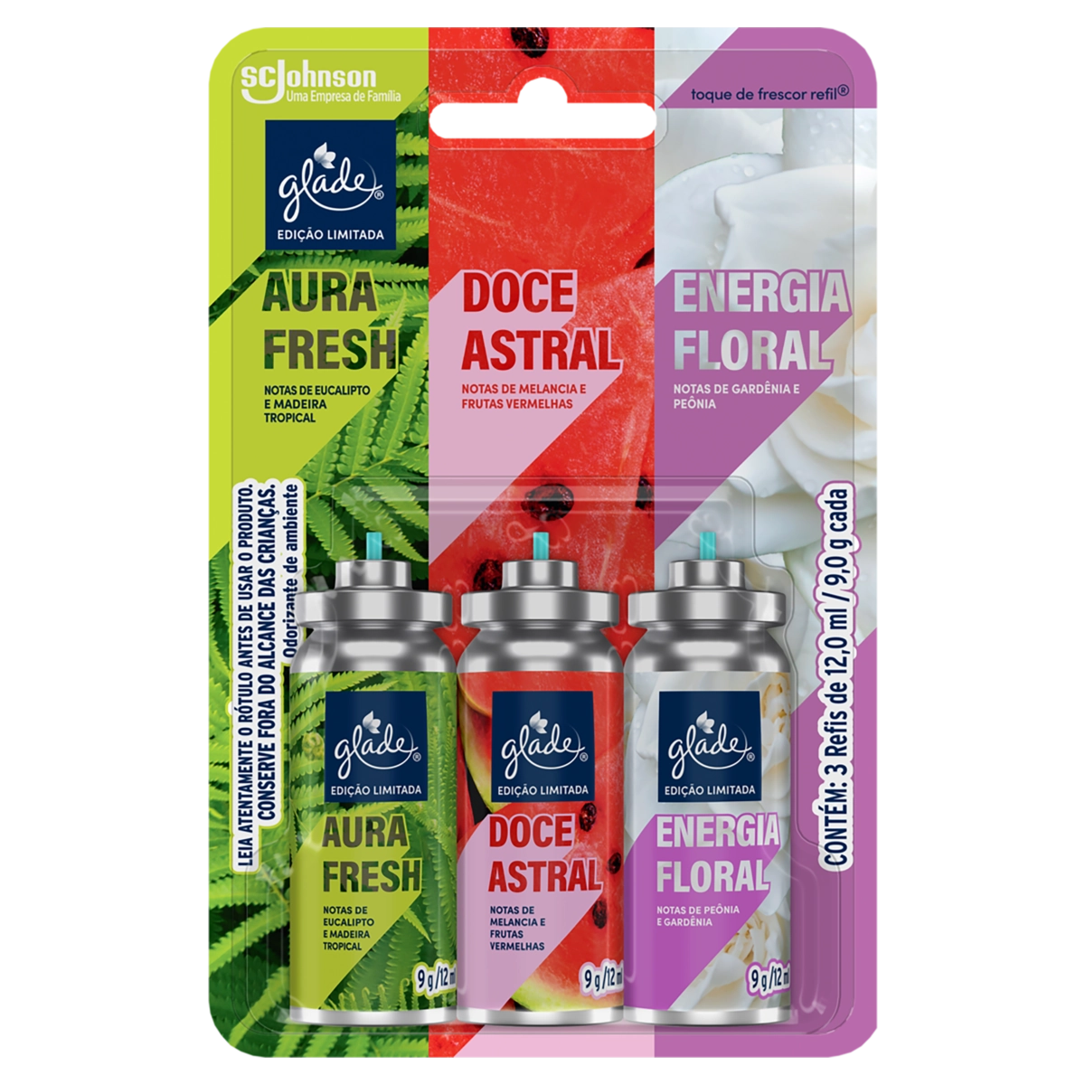 Kit Odorizador De Ambiente Aura Fresh Doce Astral Energia Floral Glade 12ml Cada Refil