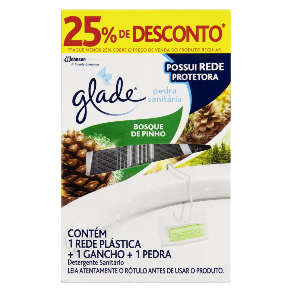 Desodorizador Sanitário GLADE Pinho (1 Rede Plástica + 1 Gancho + 1 Pedra) com 25% de Desconto