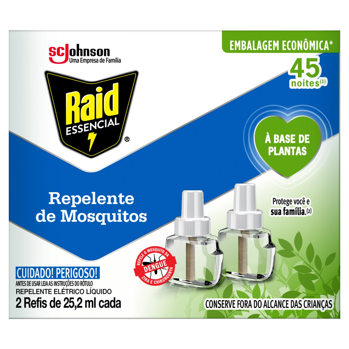 Repelente Elétrico Líquido 45 Noites à Base De Plantas Raid Essencial Caixa 2 Unidades 25,2ml Cada R