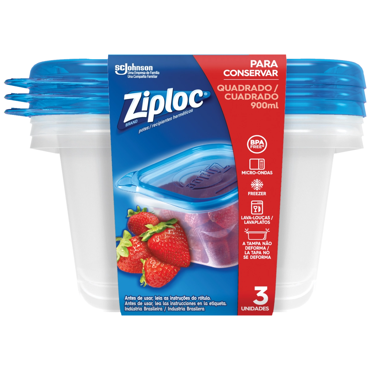 Conjunto Pote Hermético Plástico Azul Quadrado 900ml Ziploc 3 Unidades