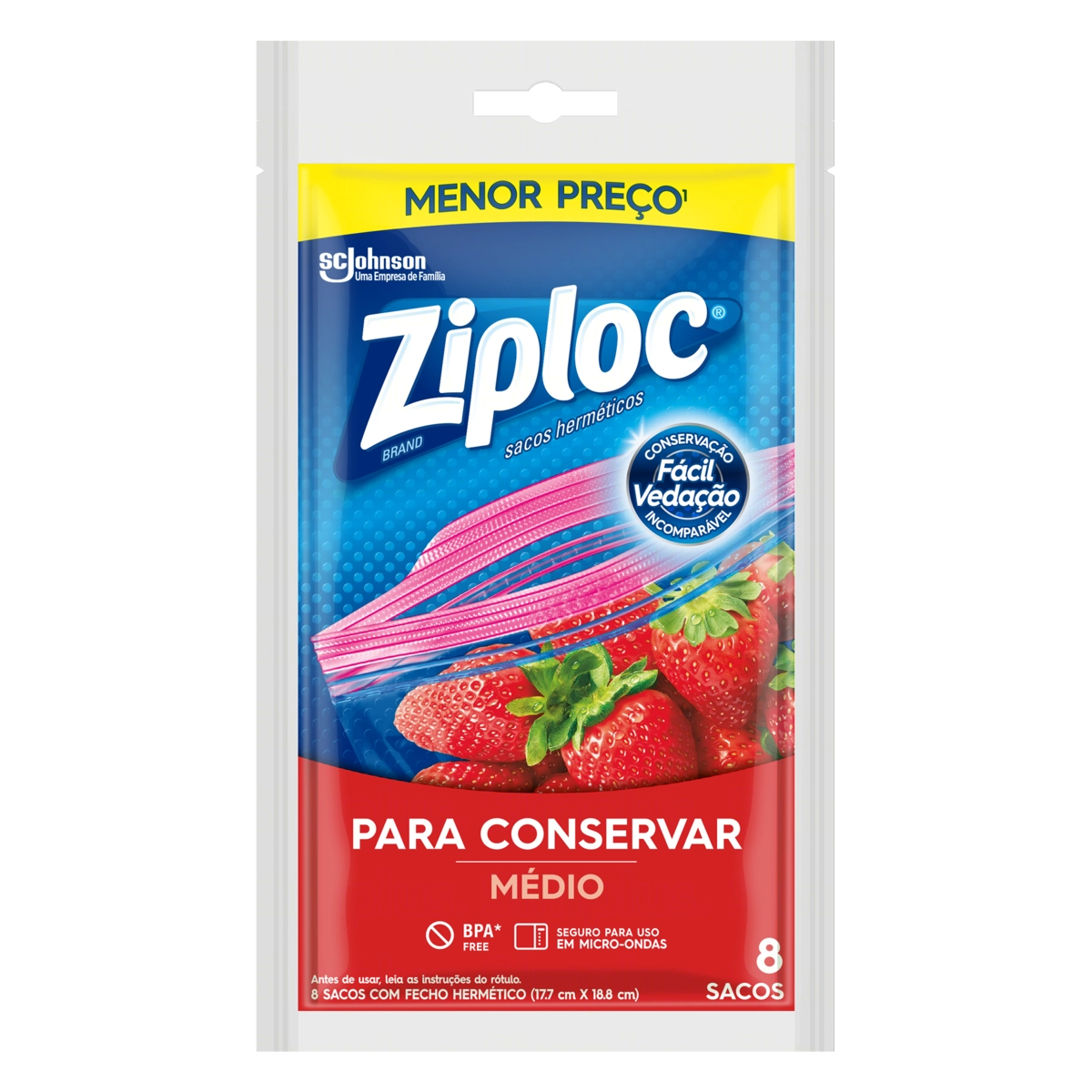 Saco Hermético Ziploc 17,7cm x 18,8cm Pacote 8 Unidades