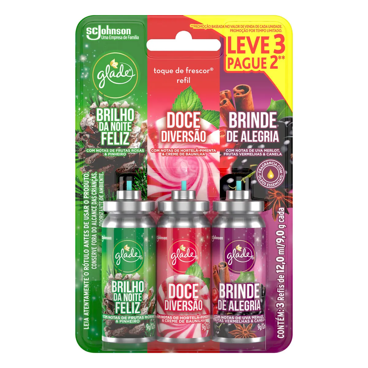 Odorizador de Ambiente Toque de Frescor Blister Glade Fragâncias Brilho da Noite, Doce Diversão e Brinde de Alegria 12 ml cada Refil