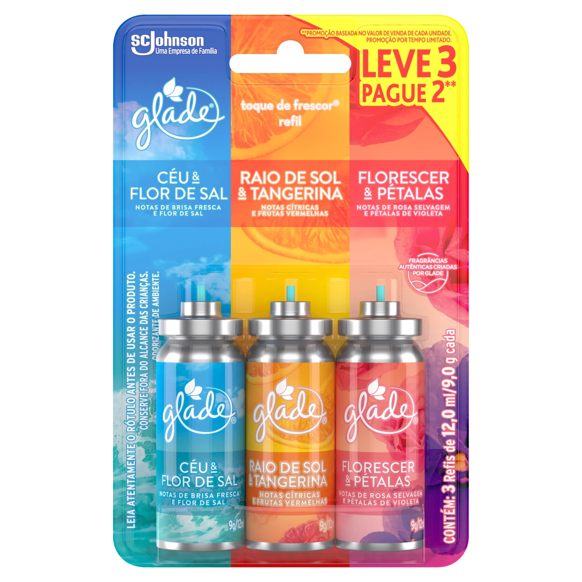 Odorizador de Ambiente Céu & Flor de Sal, Raio de Sol & Tangerina e Florescer & Pétalas Glade Toque de Frescor Blister 12ml Cada Refil Leve 3 Pague 2 Unidades