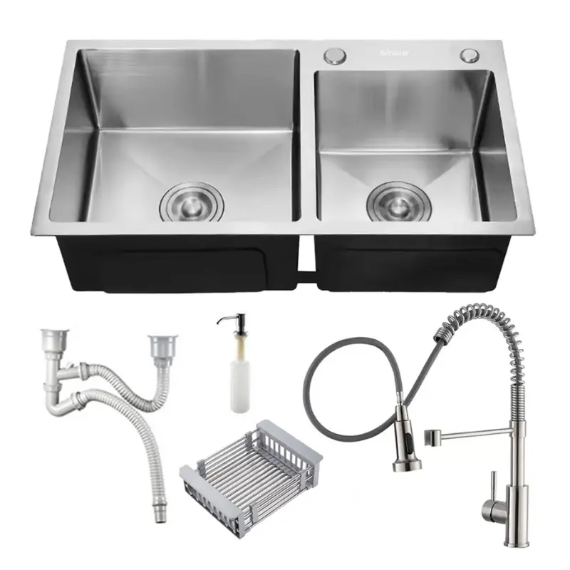 Cuba Dupla Quadrada Cozinha Gourmet Pia Aço Inox Acessórios + Torneira Monocomando Extensível Prata