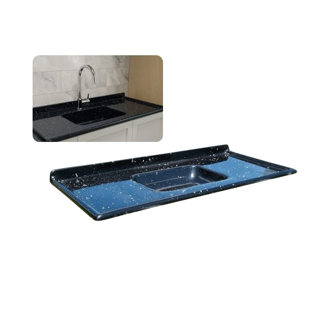 Pia De Cozinha 55x200cm Mármore Sintético Bege Cuba Fibra Preto