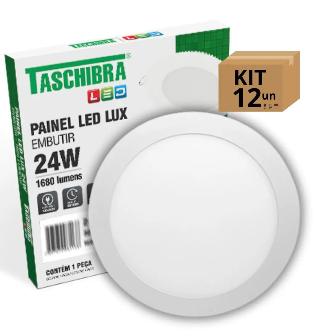 Kit 12un Painel Led Taschibra Embutir Redondo 24w 6500k