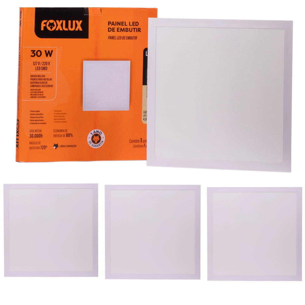 Kit 4 Painel Led Foxlux Quadrado Embutir 30w 4000k Branco