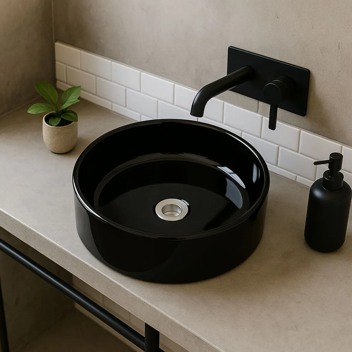 Cuba De Banheiro Lavabo Pia Apoio 35cm Preta Redonda Brilhante Delicada Chic Moderna