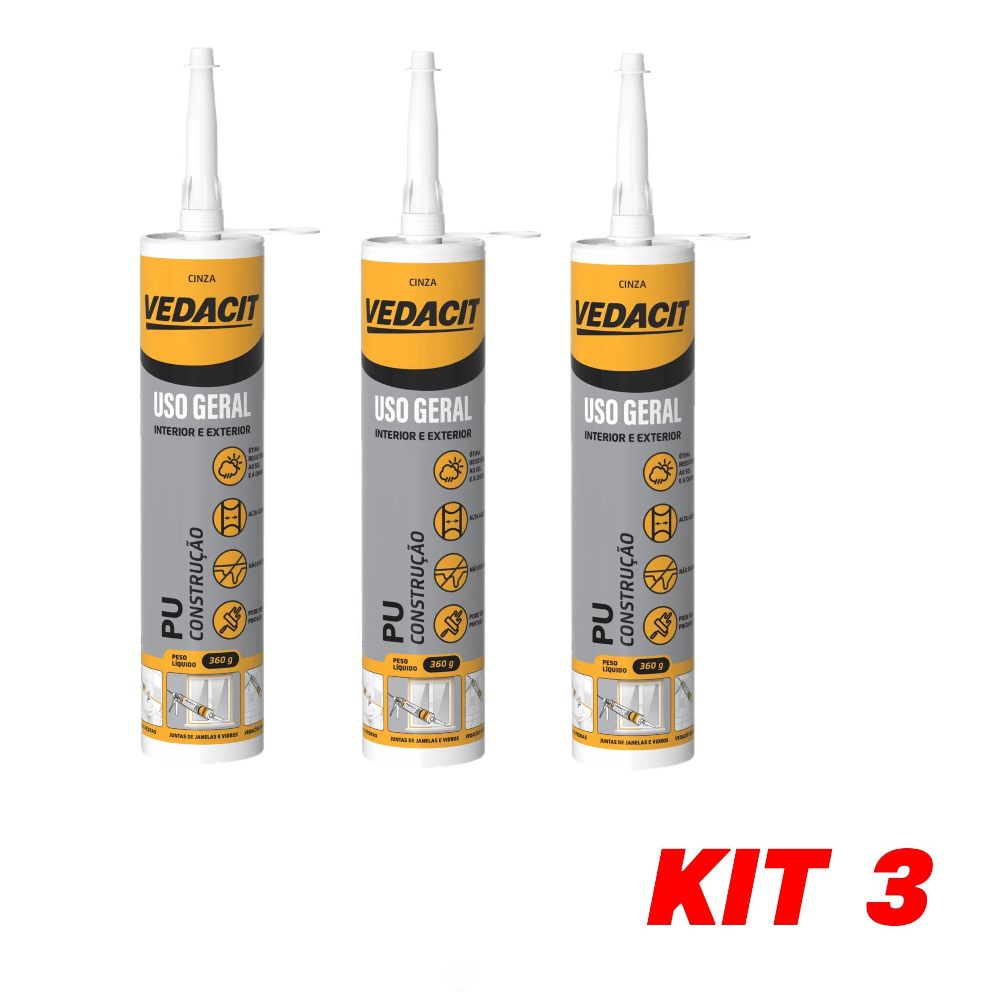Kit 3 Selante PU Elástico Vedaflex Cinza 360g Vedacit