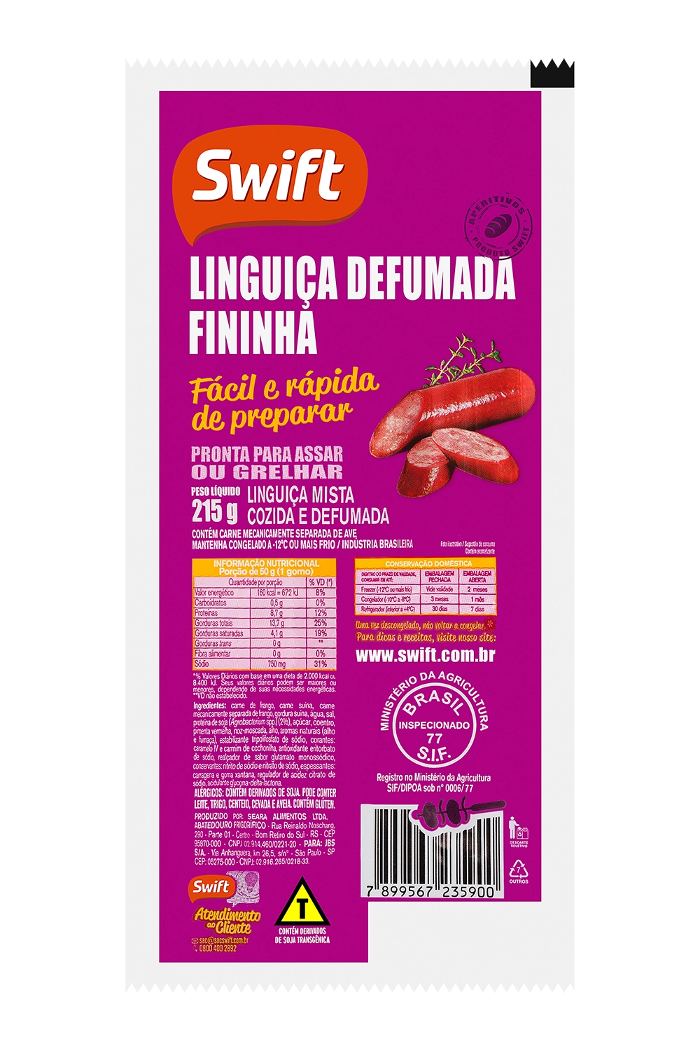 Linguiça Defumada Fininha SWIFT 215g