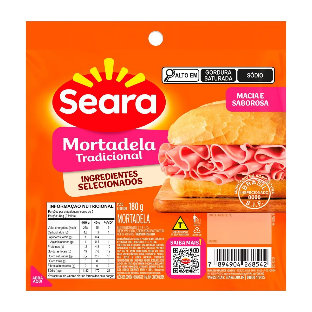 Mortadela tradicional fatiada Seara 180g