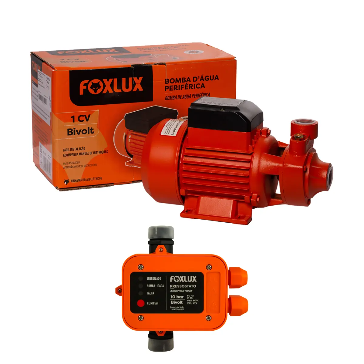 Kit Bomba D água Periférica + Pressostato Foxlux 1cv Bivolt