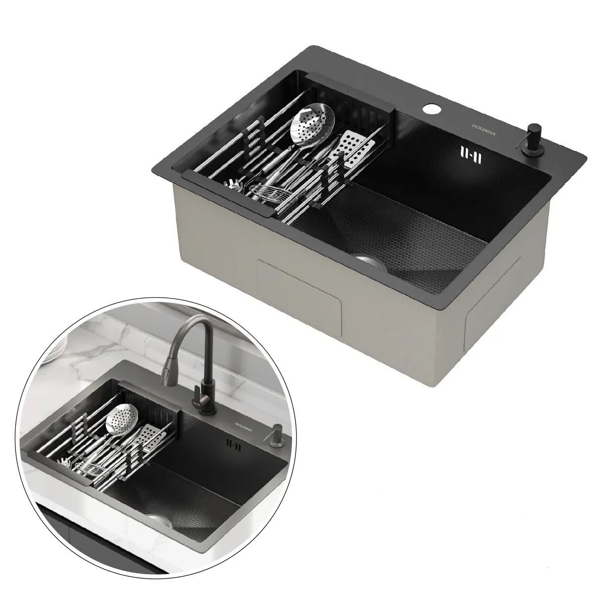 Cuba Cozinha Gourmet Mônaco Quadrada Preto Aço Inox 304 Com Cesto Escorredor Goldenx