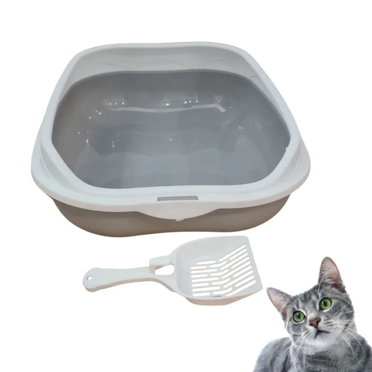 Caixa de Areia Banheiro Higiênica Bandeja Para Pets Gatos com Borda + 1 Pá Coletora Cinza