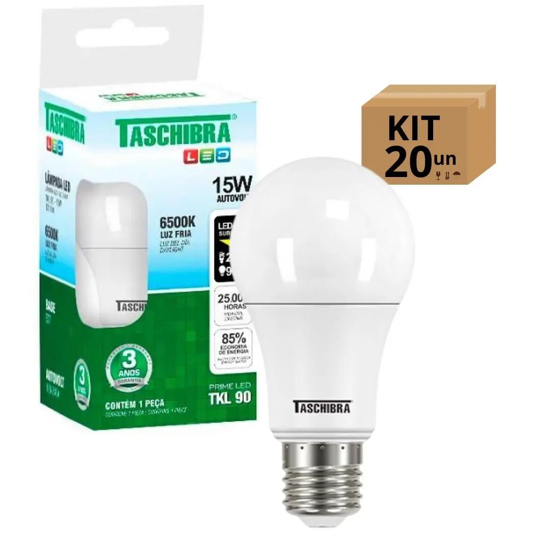 Kit 20 Lâmpadas Bulbo Led Taschibra Tkl Bivolt E27 15w 6500k