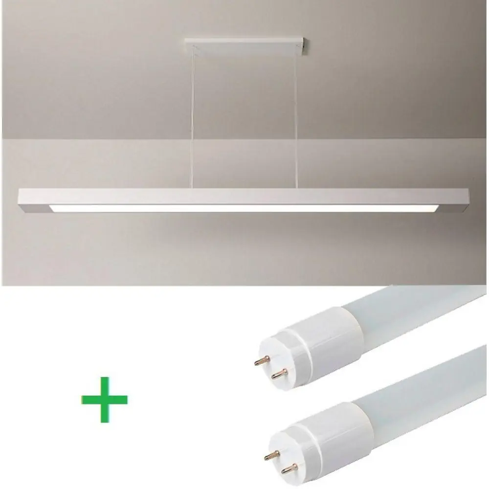 Pendente Retangular 65cm Branco E 2 Lâmpada Tuboled 9w 6500k