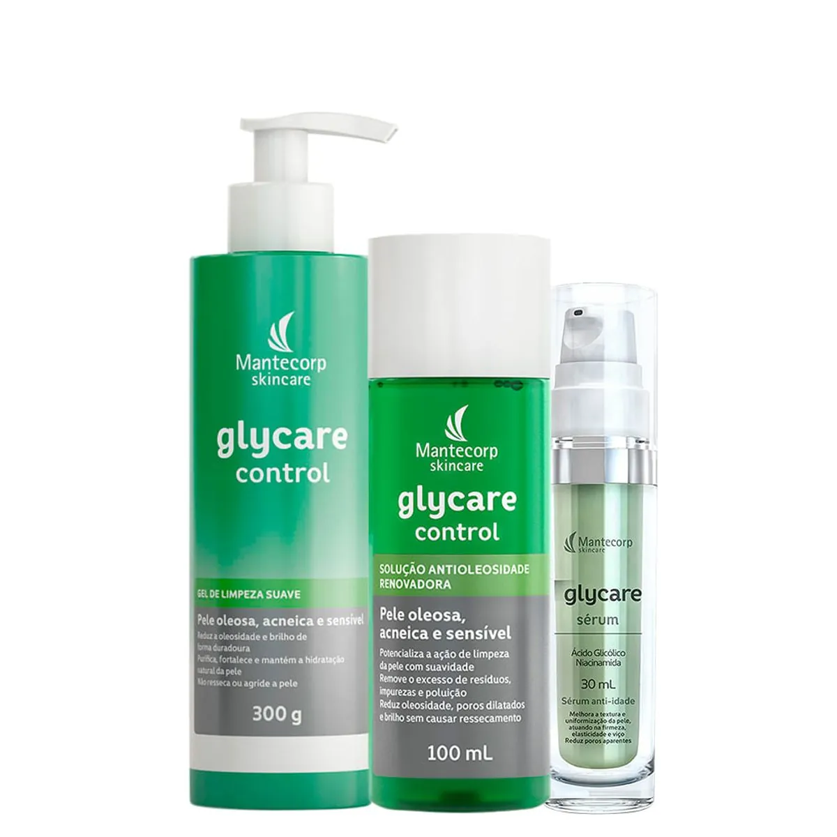 Kit Mantecorp Glycare Control Gel de Limpeza Facial 300g + Solução Facial Antioleosidade 100ml + Sér