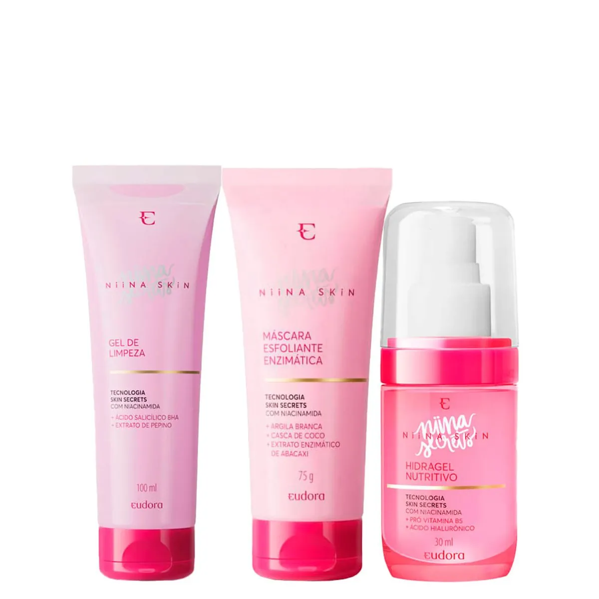 Kit Eudora Niina Secrets Skin Gel Limpeza Facial 100ml + Gel Facial 30ml + Máscara Esfoliante Facial