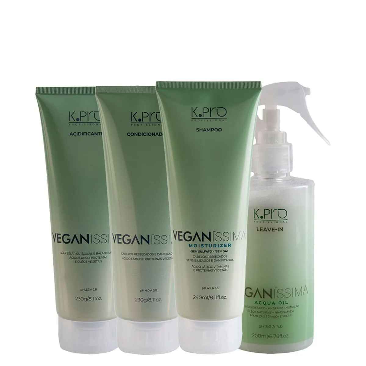 Kit K-Pro Profissional Veganissima - Shampoo 240 ml + Condicionador 230 g + Leave-In 200 ml + Acidif