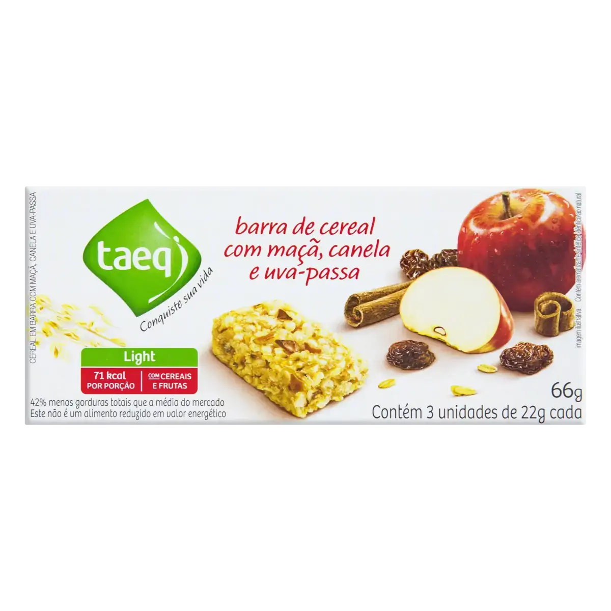 Cereal em Barra Sabor Maçã, Canela e Uva Passa Light TAEQ 66g Caixa com 3 Unidades