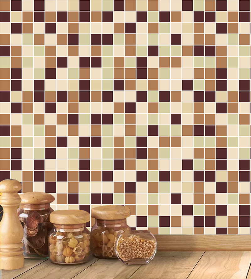Azulejo Adesivo Lavável Pastilhas Em Tons De Bege Amarelo E Marrom + Kit Aplicação Completo