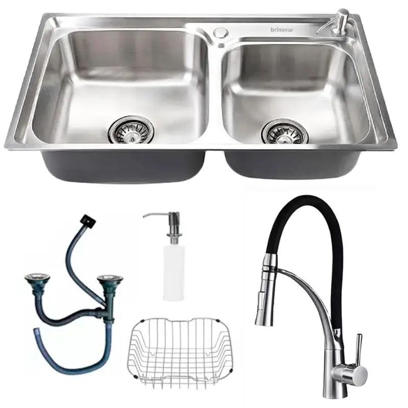 Cuba Prata Dupla Quadrada Gourmet Aço Inox Pia Cozinha + Torneira Monocomando Flexível Silicone