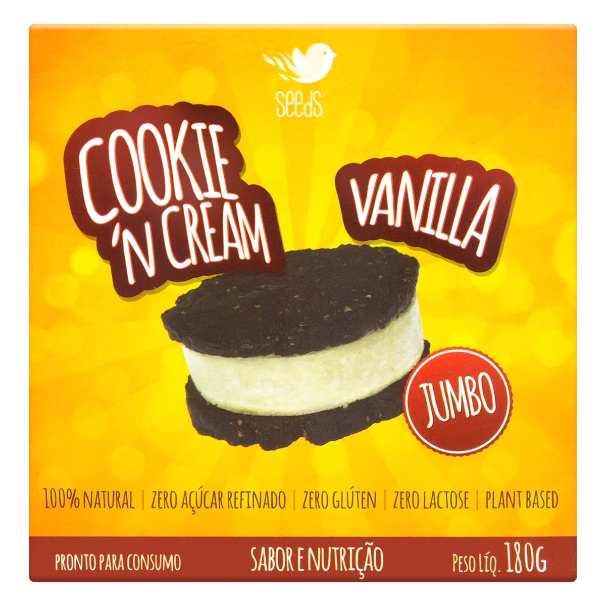 Sorvete Cookie N Cream Recheio Vanilla Zero Lactose Zero Açúcar Seeds Caixa 180g