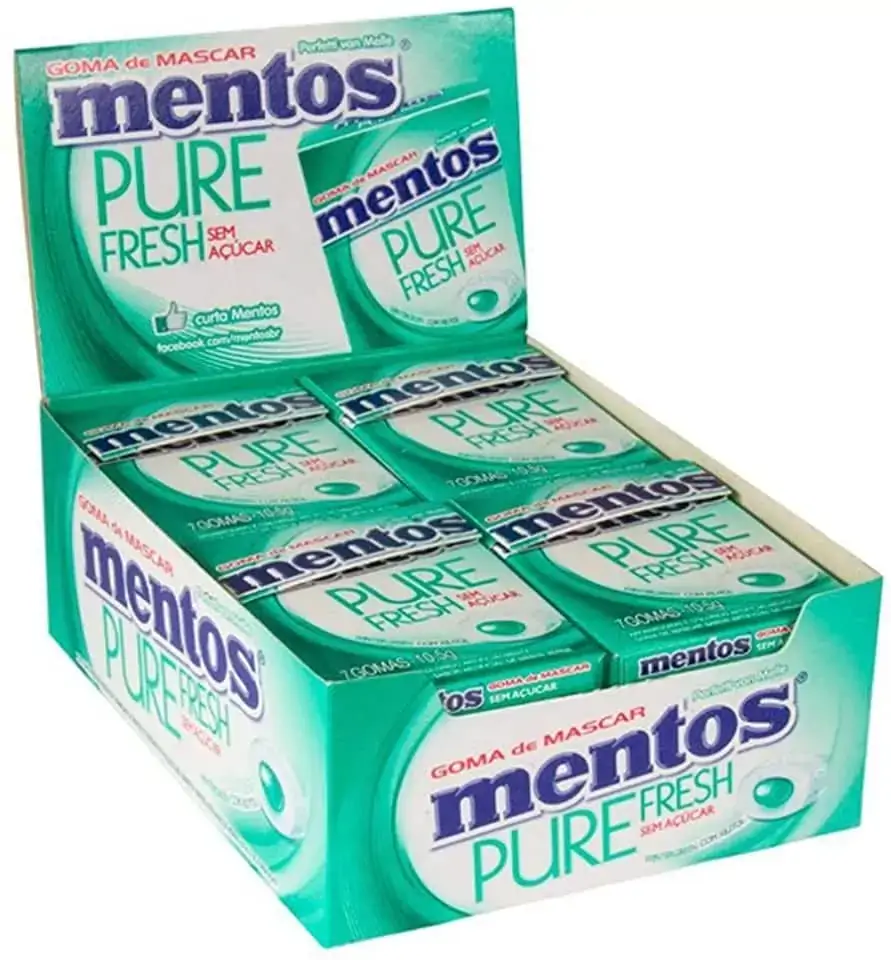 Pack Goma De Mascar Menta Verde Zero Açúcar Mentos Pure Fresh Caixa 126g 12 Unidades
