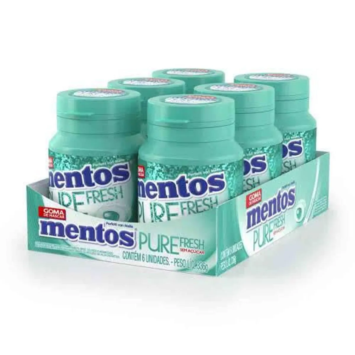 Pack Goma De Mascar Menta Verde Zero Açúcar Mentos Pure Fresh Pote 336g 6 Unidades