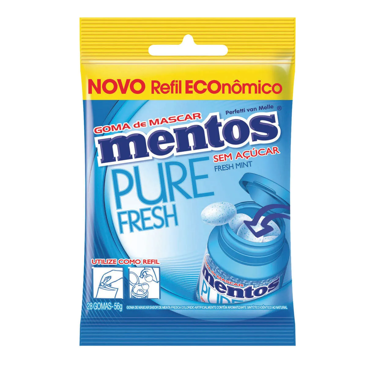 Goma de Mascar Freshmint sem Açúcar MENTOS Refil 56g