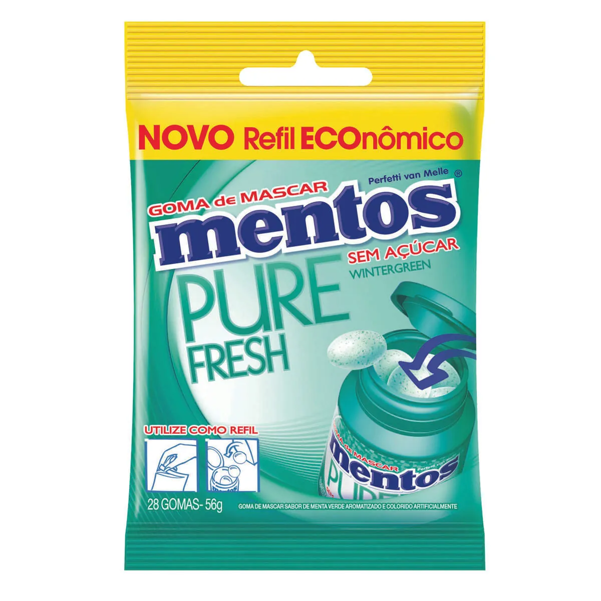 Goma de Mascar Pure Fresh Wintergreen sem Açúcar MENTOS Refil 56g