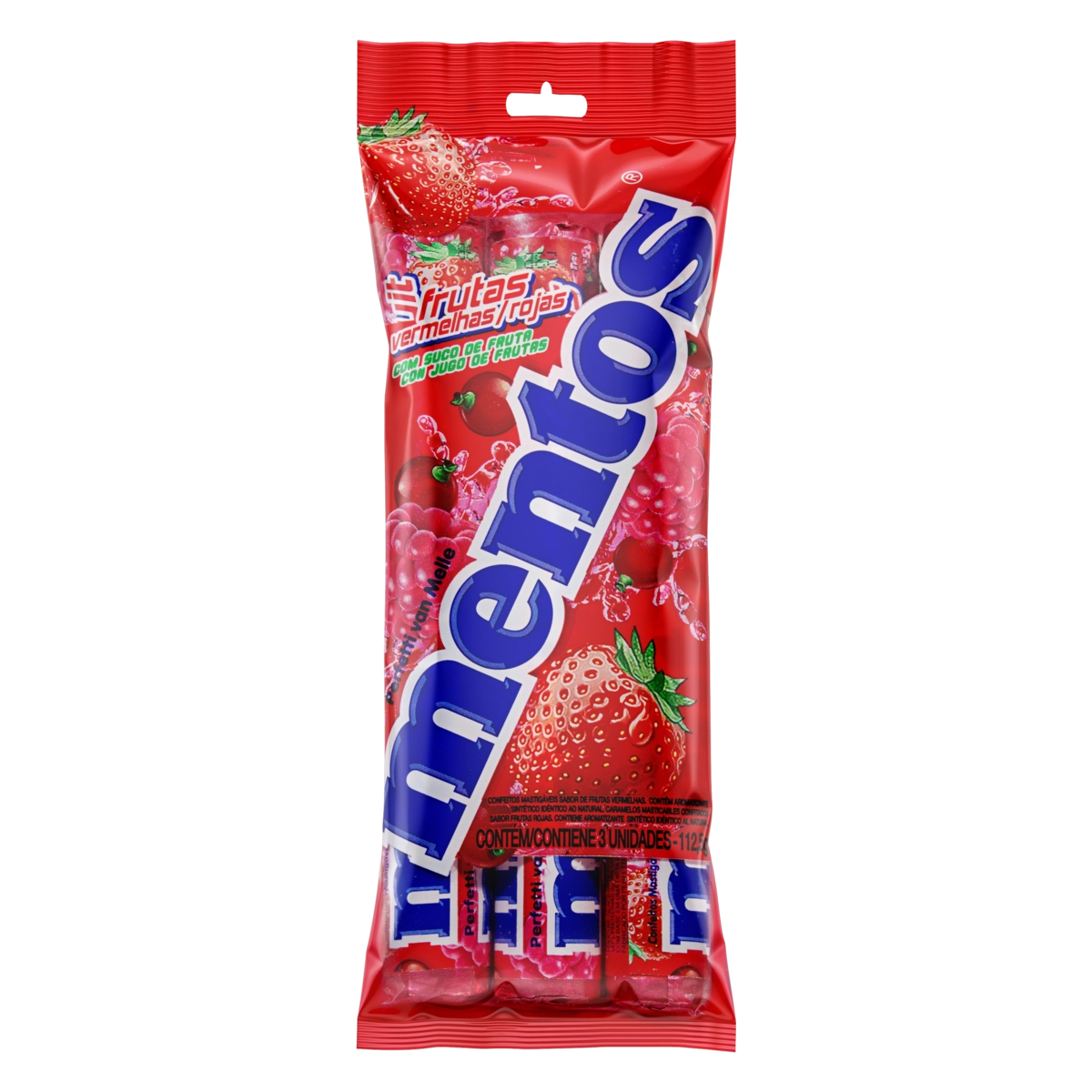 Confeitos Sabor Frutas Vermelhas MENTOS 114g Pacote com 3 Unidades