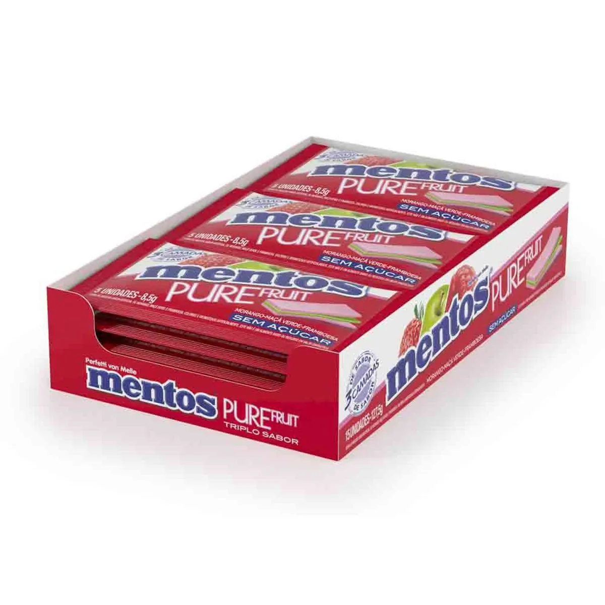 Pack Goma De Mascar Morango, Maçã Verde E Framboesa Zero Açúcar Mentos Pure Fruit Envelope 127,5g 15