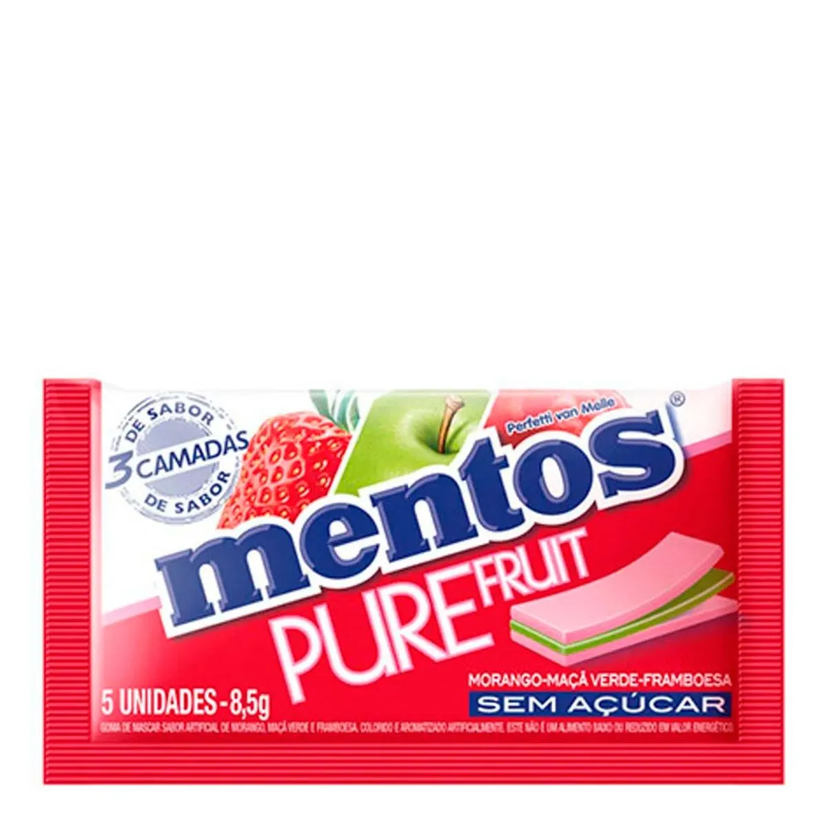 Goma De Mascar MENTOS Pure Fruit 3 Sabor Morango, Maçã Verde E Framboesa Pacote 8,5g
