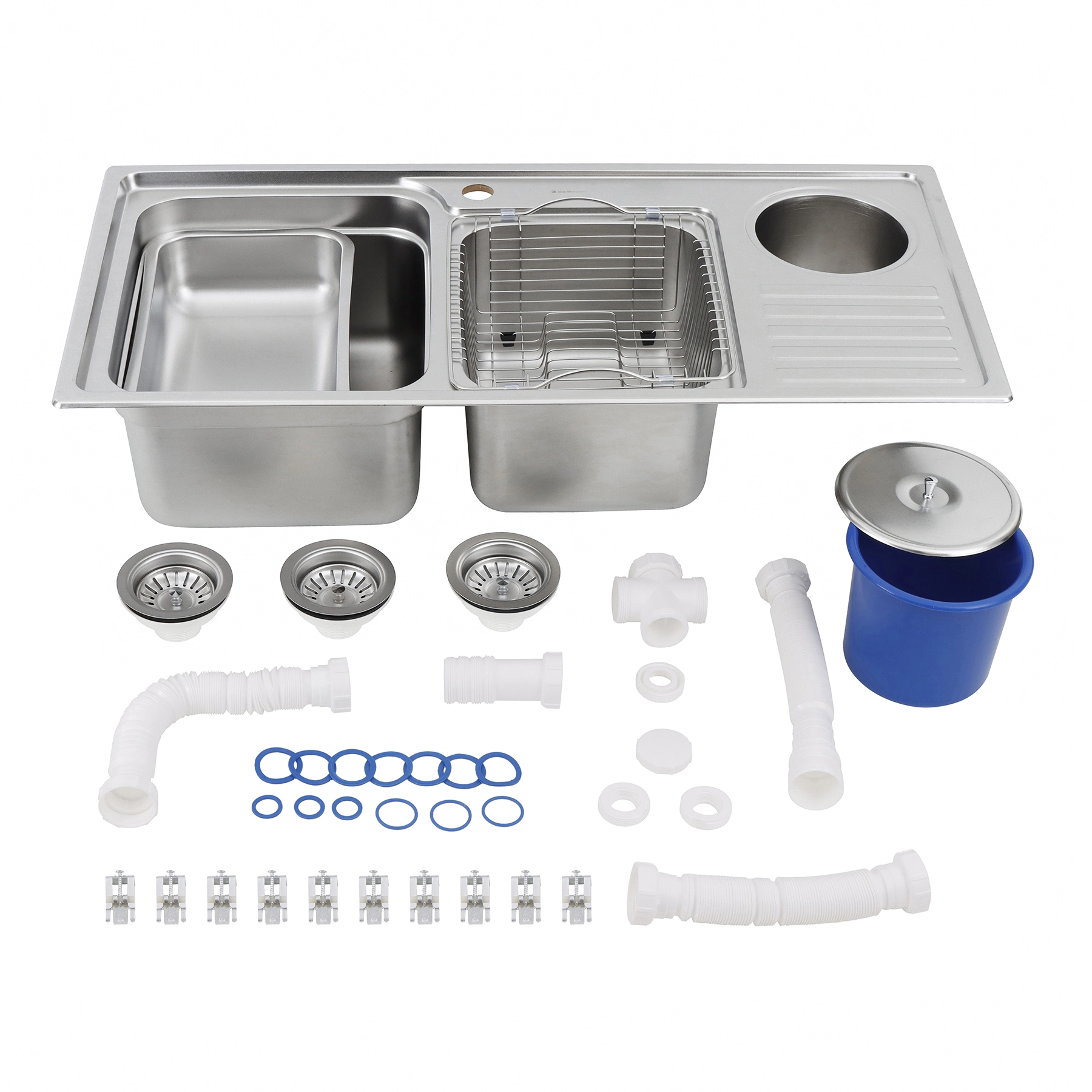 Cuba para Cozinha Dupla Gourmet Sobrepor Inox 304 92x45x22,7cm 1mm 4.1/2" com Cesto Bandeja e Lixeira Funzionale Debacco