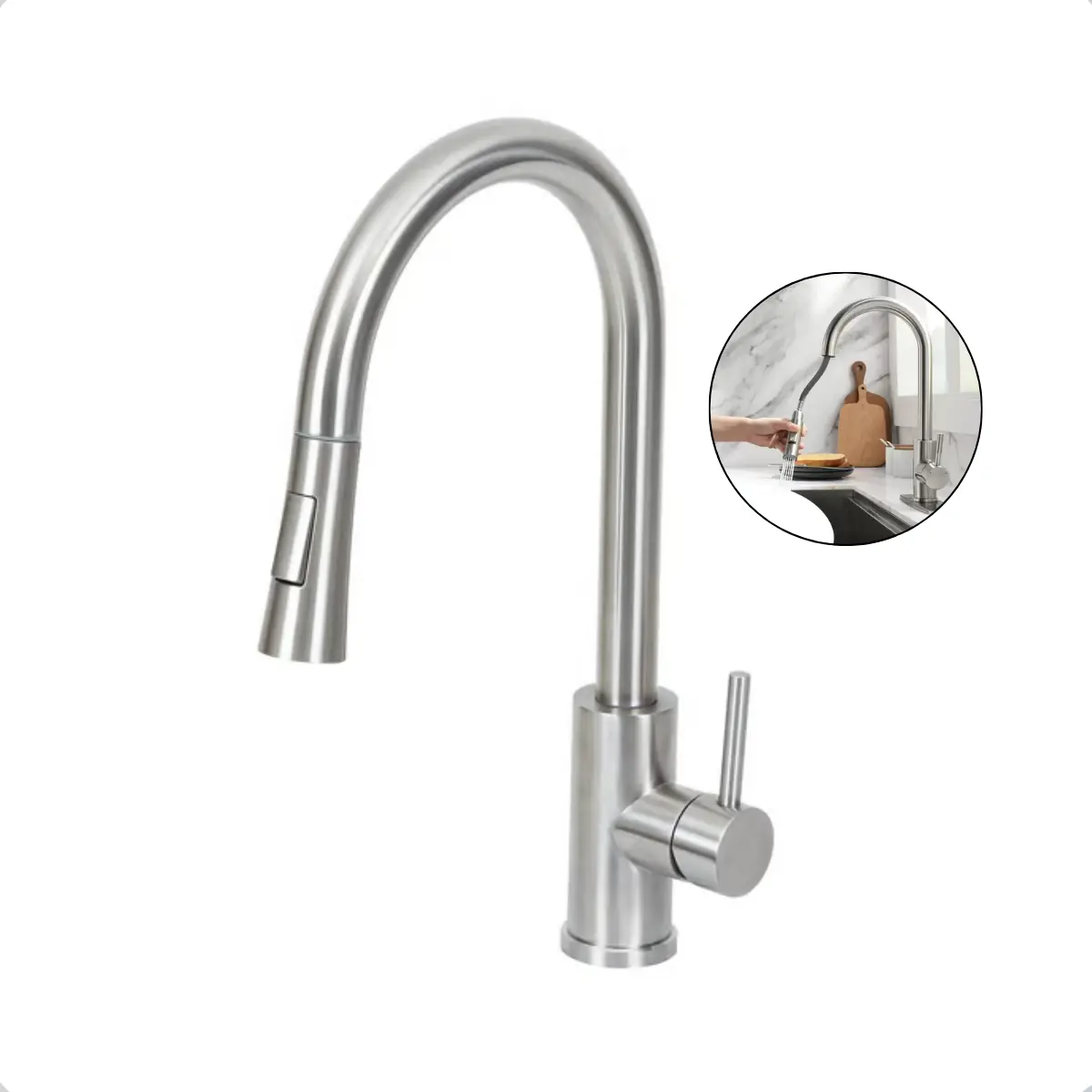 Torneira Monocomando Gourmet de Pia para Cozinha com Bica Alta Extensível Inox Escovado Steel