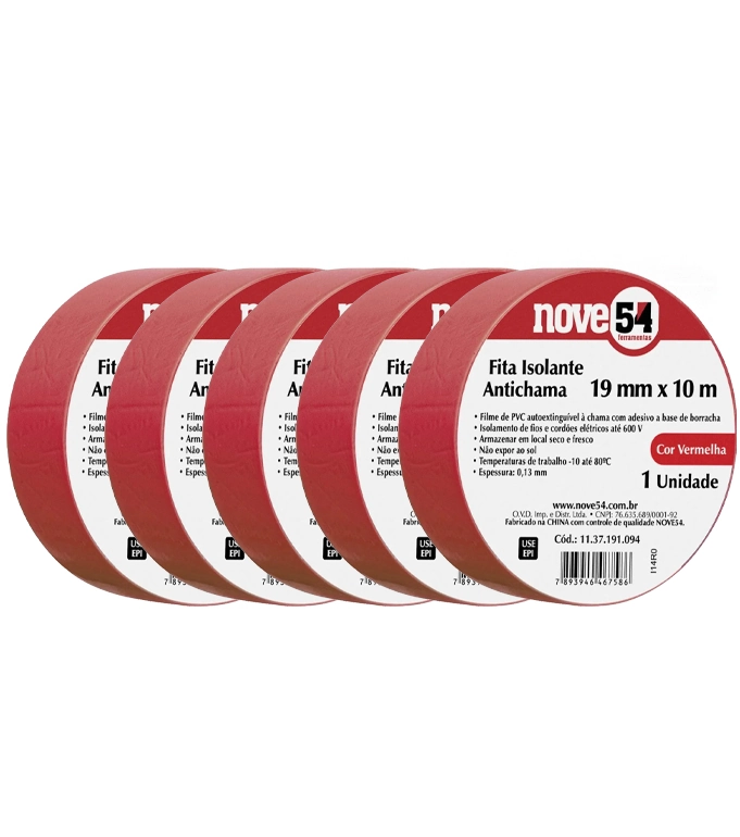Kit 5 Fita Isolante 19mmx10m Vermelha 954