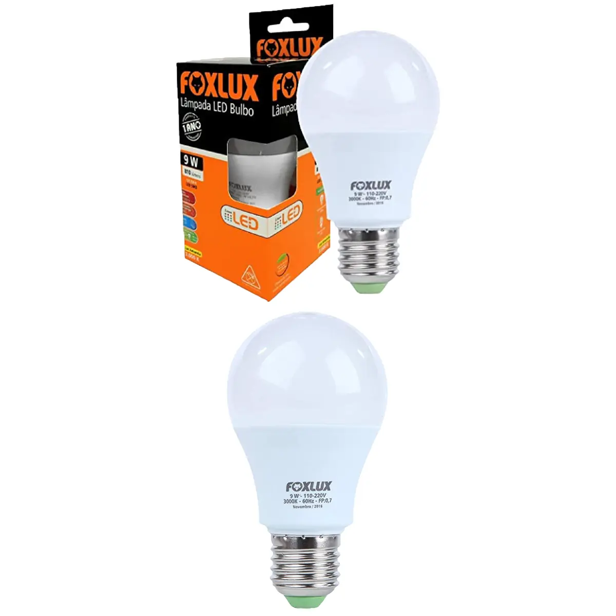 Kit 2 Lâmpada Led Bulbo Foxlux Com Base E-27 9w 3000k Bivolt