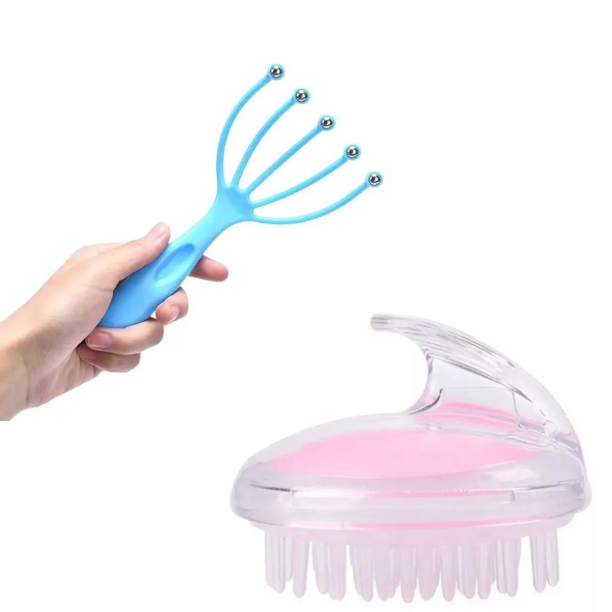 Kit Massageador Capilar Escova de Silicone Capilar + Massageador Cafuné Inox para Relaxamento e Cuid