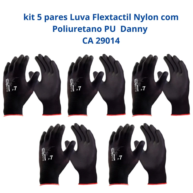 Kit 5 Luvas Segurança Flextactil Nylon Poliuretano Pu Preta Da12100 Danny Ca 29014 G
