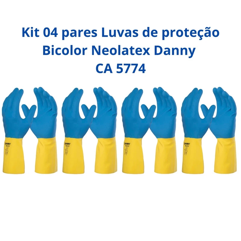 Kit 04 Pares Luvas Proteção Quimica Limpeza Bicolor Neolatex Danny Ca 5774 Xg